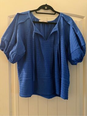 LOFT Royal Blue Textured V-Neck Puff Sleeve Tunic
